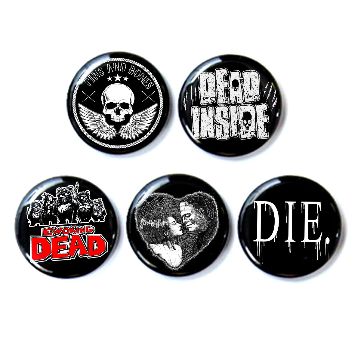 Pins & Bones 5-Pack, Black 1-Inch Pin Back Buttons, Horror Collection 1 by pinsandbones.com