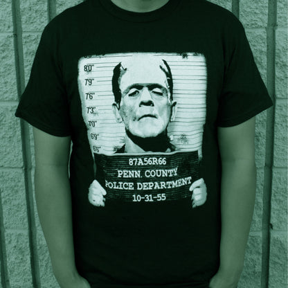 Pins & Bones Frankenstein Face Mug Shot Retro, Black T-Shirt - Great Frankenstein Halloween T-shirt by pinsandbones.com