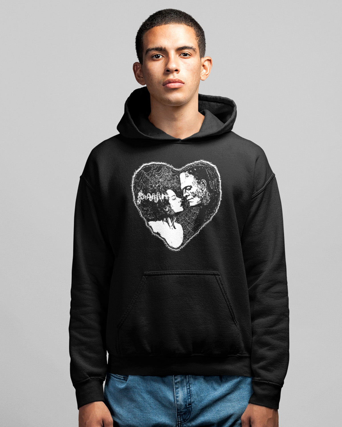 Pins and Bones Frankenstein and Bride Heart Shape Retro Black Unisex Pullover Hoodie Sweater