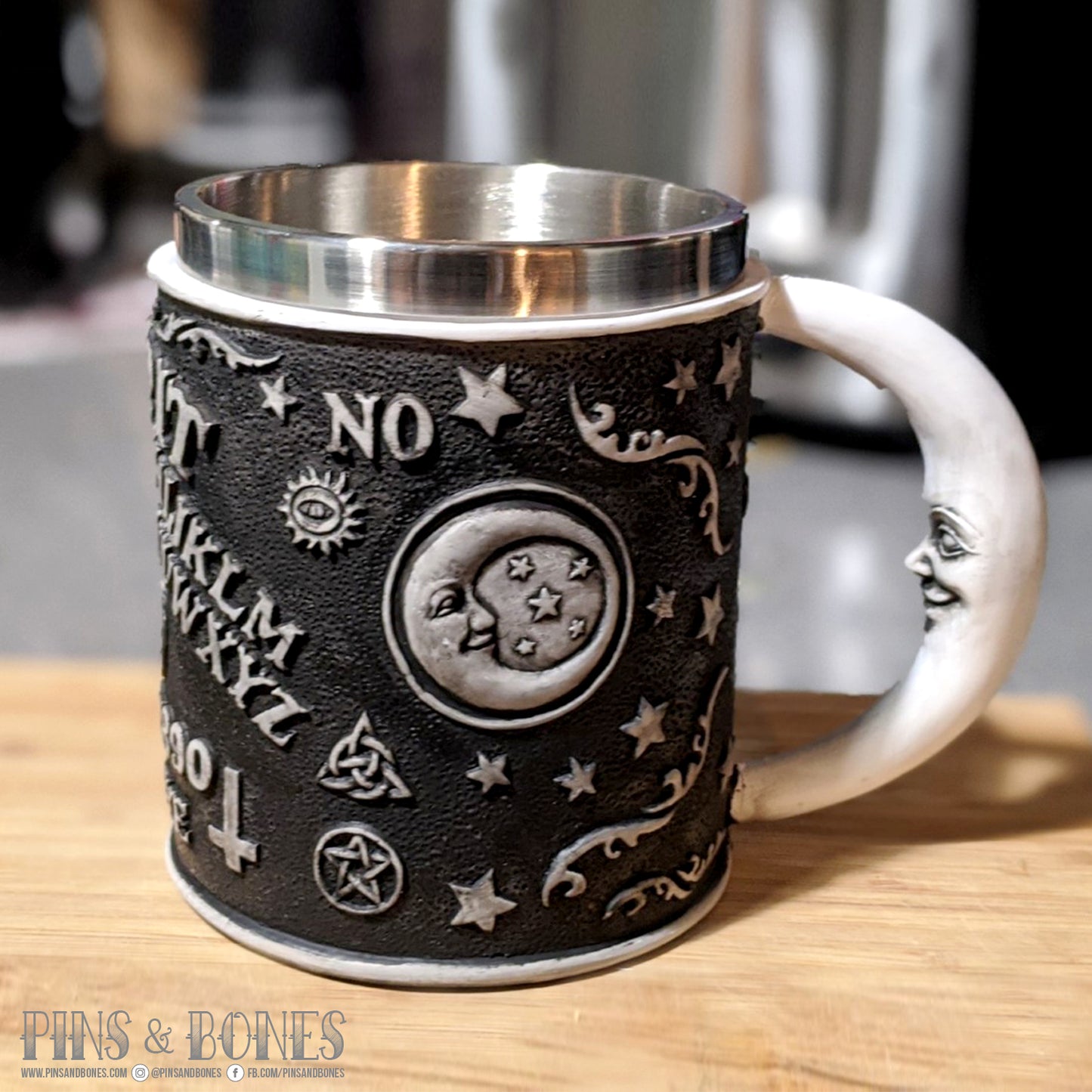 Pins & Bones Ouija Moon Coffee Mug 15 oz Layered Aluminum Black Ouija Board Coffee Mug by pinsandbones.com