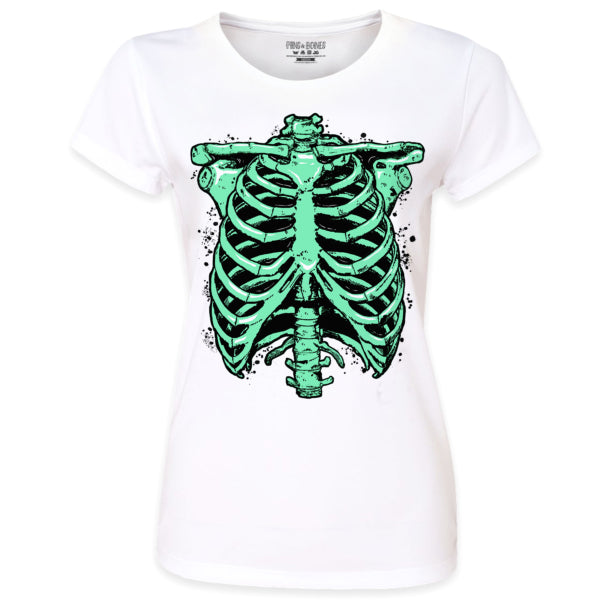 Pins & Bones Women's Skeleton Rib Cage, Inner Bones Horror Themed White Cotton T-Shirt by pinsandbones.com