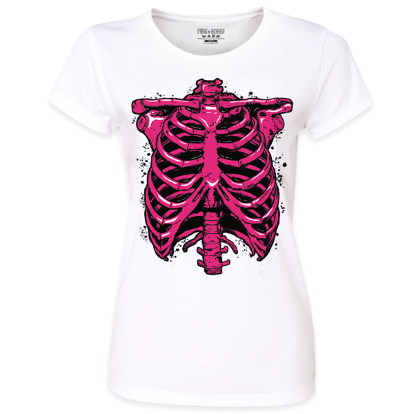 Pins & Bones Women's Skeleton Rib Cage, Inner Bones Horror Themed White Pink Cotton T-Shirt by pinsandbones.com