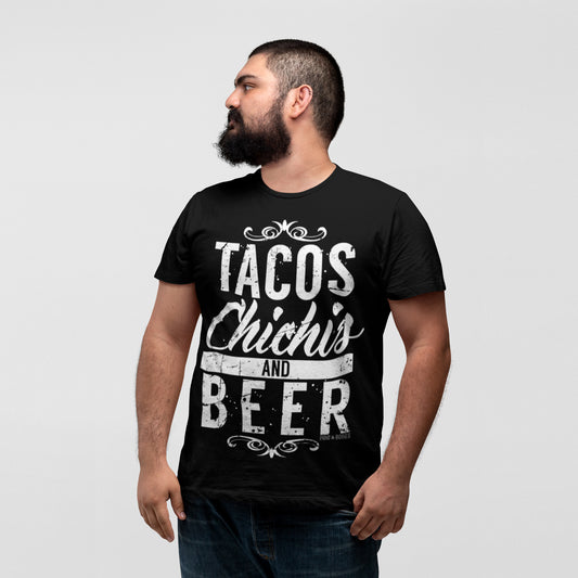 Pins & Bones Tacos, Chichis And Beer, Funny Beer T Shirt, Retro Black Cotton Taco T Shirt