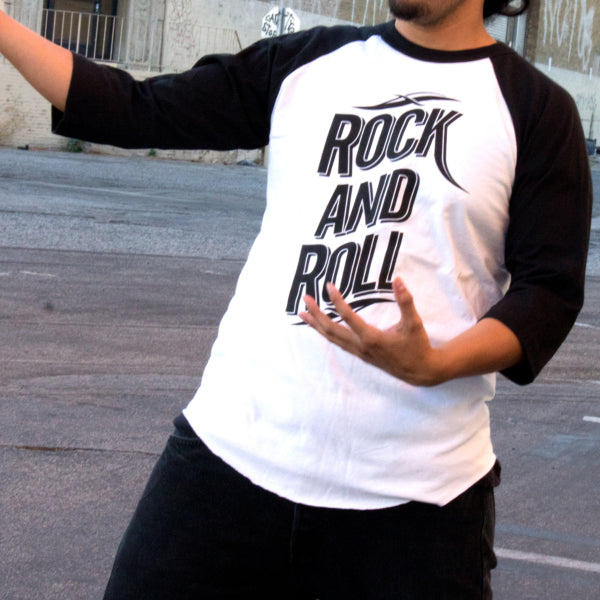 Pins & Bones Men's Rock n Roll Rock n Play Music Theme Baseball T-Shirt by pinsandbones.com