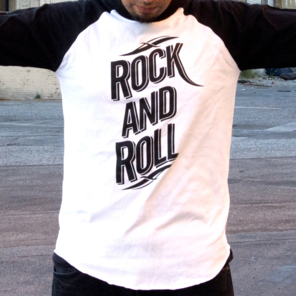 Pins & Bones Men's Rock n Roll Rock n Play Music Theme Baseball T-Shirt by pinsandbones.com