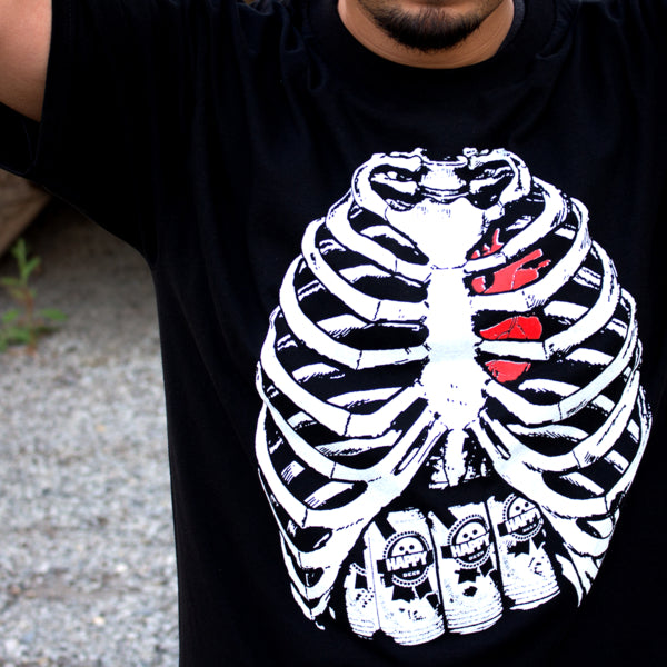 Pins & Bones Mens Skeleton Ribs Human Insides and Beer Pack, Black T-Shirt - Pins and Bones Halloween Ribs Cool Hip Unisex Shirt pinsandbones.com