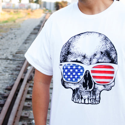 Pins & Bones Retro USA American Outlaw Skull Cotton White T-shirt by pinsandbones.com