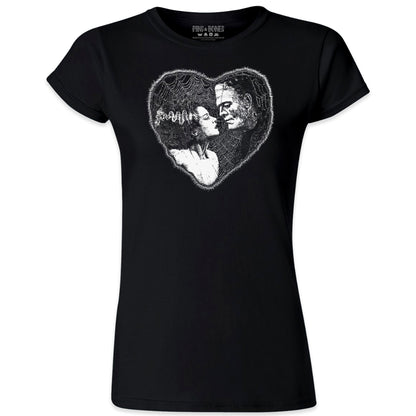 Pins & Bones Women’s Frankenstein and Bride Heart Shape Retro Black Graphic Tee