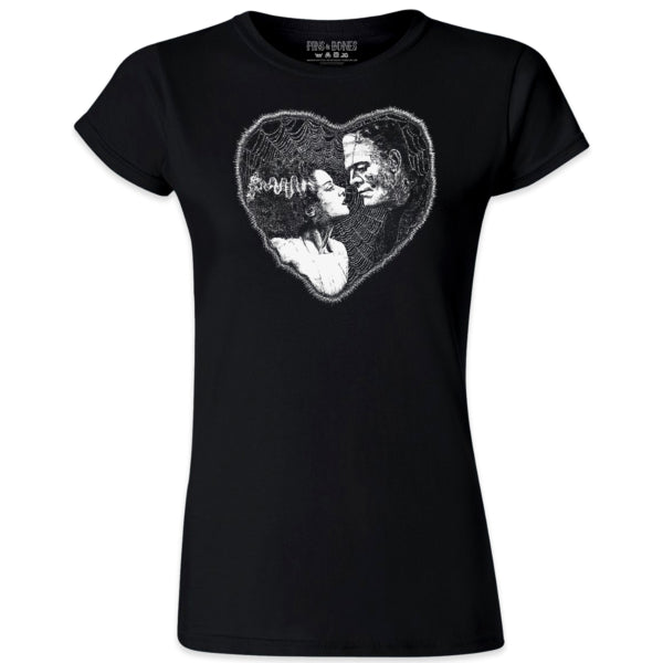 Pins & Bones Women's Frankenstein and Bride Heart Shape Retro Black Graphic Tee