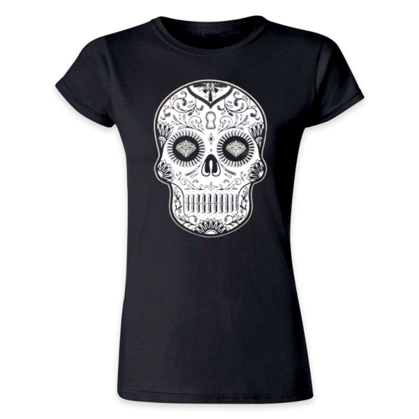Pins & Bones Women's Dia De Los Muertos Shirt, Sugar Skull Theme, Black ...
