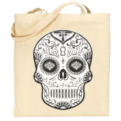 Pins & Bones Day Of The Dead Sugar Candy Carry All Canvas Tote Bag, Black