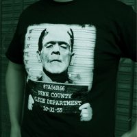 Pins & Bones Frankenstein Face Mug Shot Retro, Black T-Shirt - Great Frankenstein Halloween T-shirt by pinsandbones.com