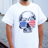 Pins & Bones Retro USA American Outlaw Skull Cotton White T-shirt by pinsandbones.com
