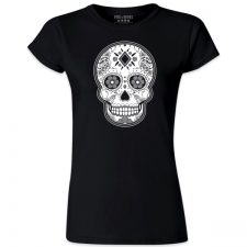 Pins & Bones Women's Sugar Skull, Dia De Los Muertos, Black And Grey, Cotton T-Shirt by pinsandbones.com