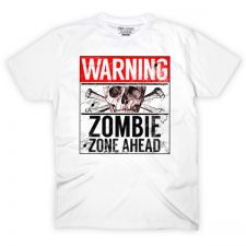 Pins & Bones Zombie Zone Warning Sign, Horror Themed White Cotton T-Shirt by pinsandbones.com