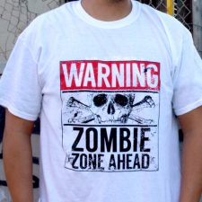 Pins & Bones Zombie Zone Warning Sign, Horror Themed White Cotton T-Shirt by pinsandbones.com