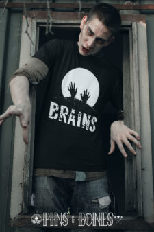 Pins & Bones Zombie Apparel, Hands Rising, Brains and Horror, Black Cotton Zombie T Shirt by pinsandbones.com