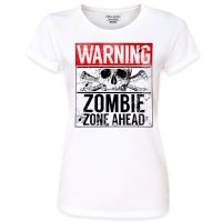 Pins & Bones Women's Zombie Zone Warning Sign, Horror Themed White Cotton T-Shirt by pinsandbones.com