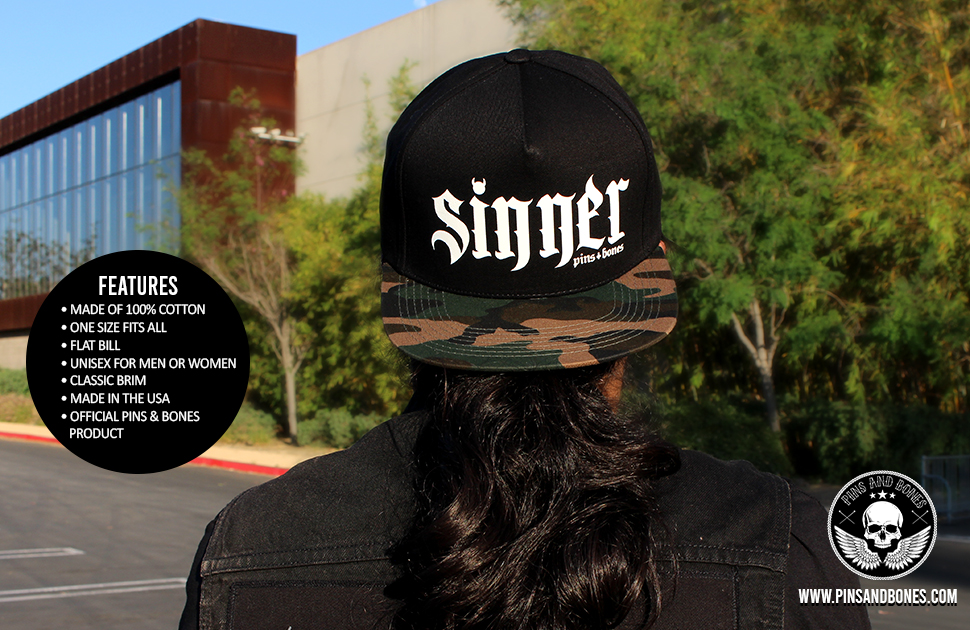 Pins & Bones Sinner, Goth Hat, Alternative Fashion, Camouflage Black Gothic Snapback Hat, One Size Fits All by pinsandbones.com