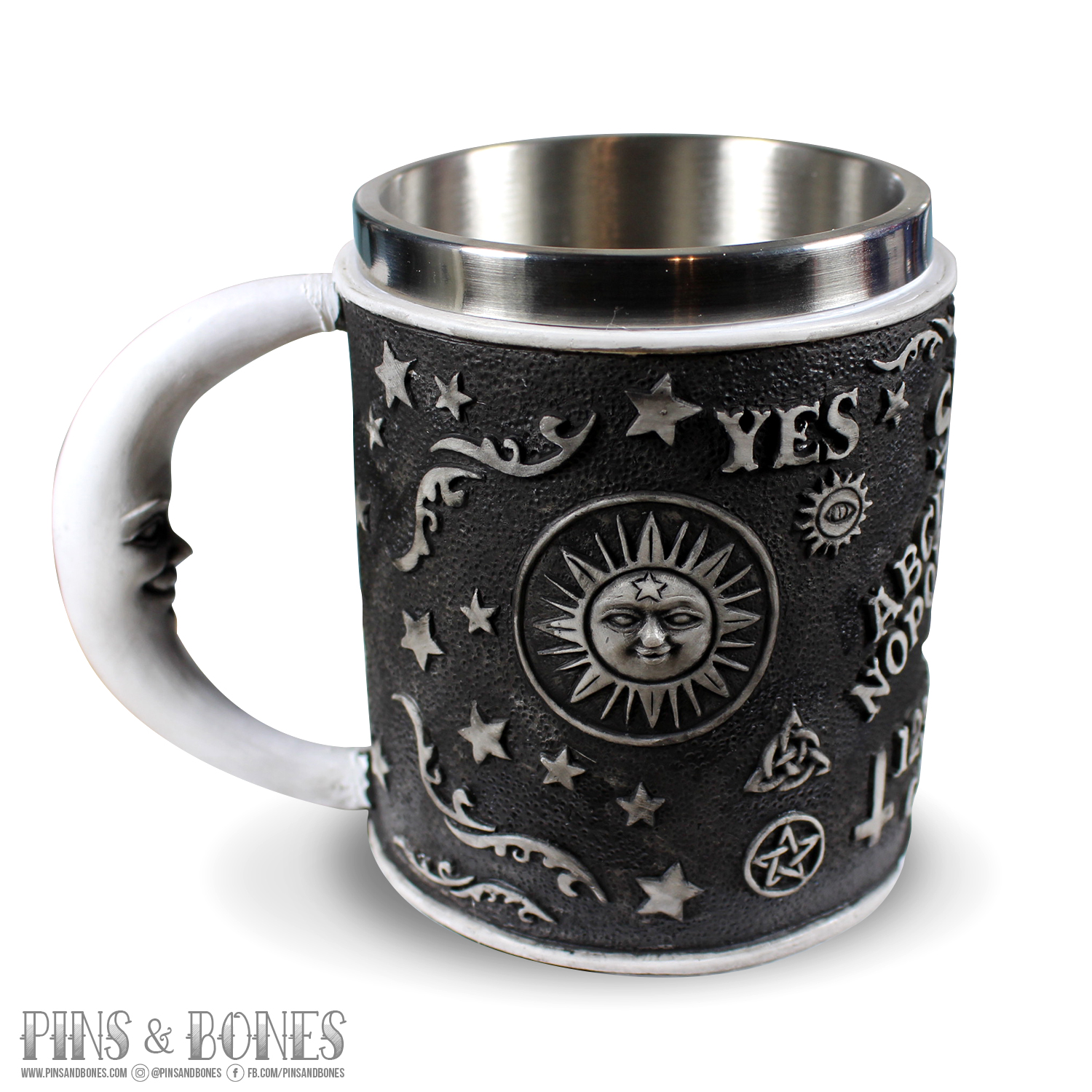 Pins & Bones Ouija Moon Coffee Mug 15 oz Layered Aluminum Black